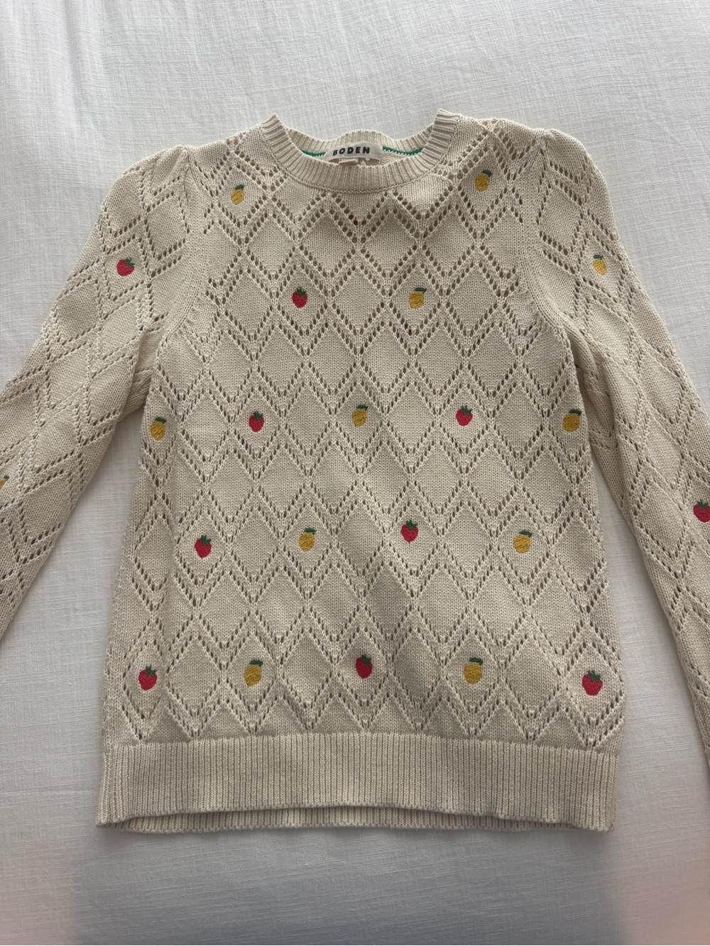 Boden Cream Eyelet Crewneck Sweater with Red and Yellow Dot Embroidery